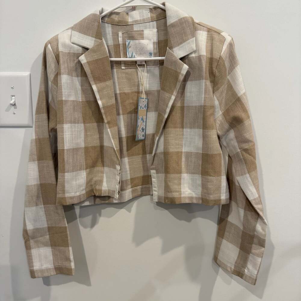 Stoosh NWT Tan and White Gingham Plaid Cropped Blazer Jacket